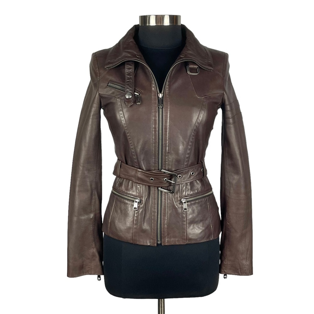 ANDREW MARC LEATHER BELTED CONVERTIBLE COLLAR BROWN MOTO JACKET